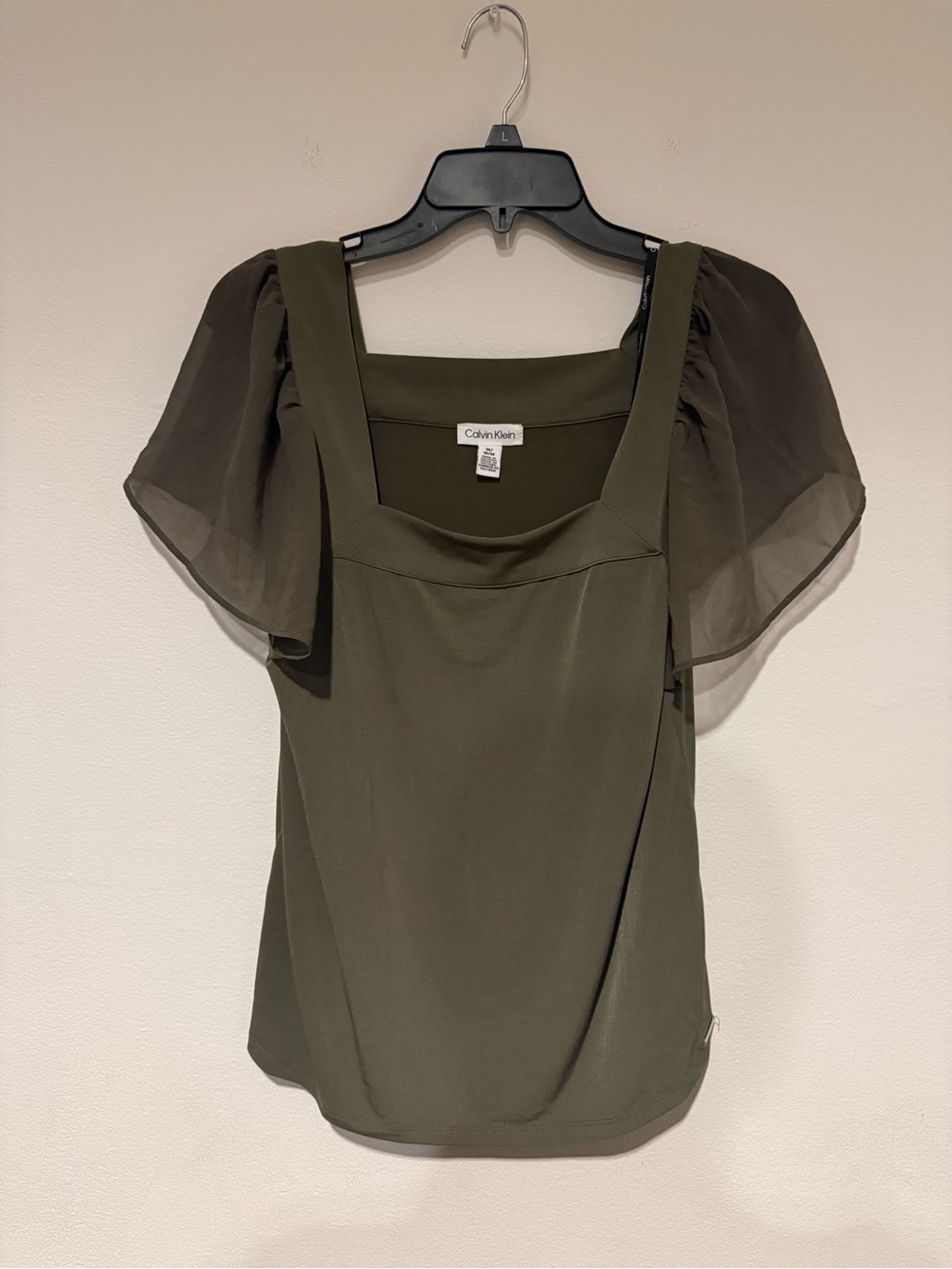 Calvin Klein Olive Square Neck Puff Sleeve Blouse
